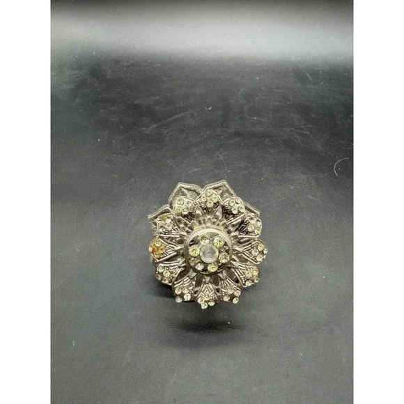 Vintage Floral Rhinestone Drawer Pull Silver Tone Rosette Cabinet Knob Hardware - Picture 2 of 7